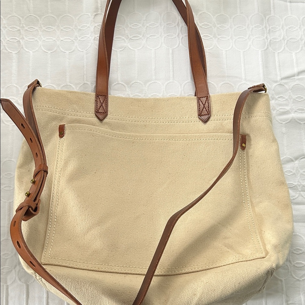 Madewell Cream Canvas Tote with Brown Leather Straps